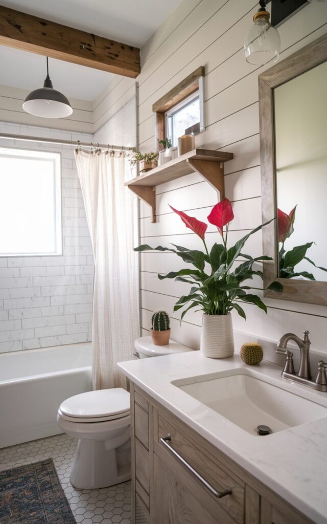 A photo of a modern farmhouse bathroom with clean lines and cozy textures. The bathroom has a white bathtub with a brushed nickel faucet, a wood-framed mirror, and a floating shelf. There's a vibrant red peace lily in a white ceramic pot on the shelf. On the vanity, there's a small snake plant in a matte clay planter and a tiny round ball cactus. The walls have shiplap. The bathroom has a toilet, a curtained window, a floor rug, and a wood beam ceiling with a pendant light. The space has natural light.