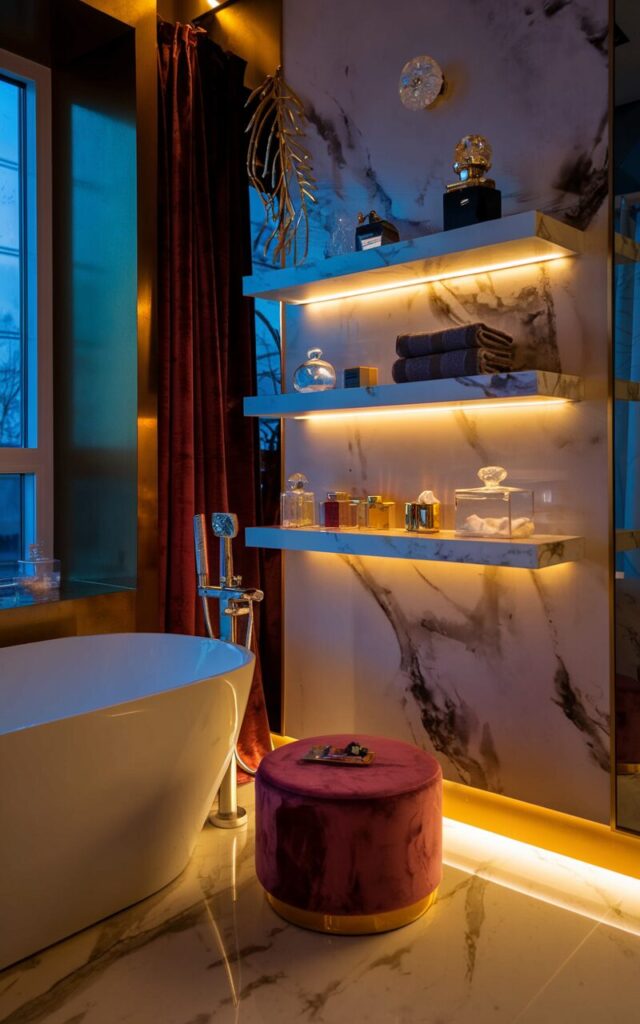 A photo of a modern glam bathroom with a regal aesthetic. There's a freestanding tub near the window, with a velvet footstool placed beside it. The bathroom has gold-accented decor and jewel-toned walls. The floating shelves are made of sleek marble and hold perfume bottles, folded towels, and glass jars. There's a crystal knob on the wall. The lighting is warm and golden, coming from a hidden LED strip beneath the floating shelves. The room has a moody and elegant atmosphere, turning an ordinary nighttime routine into a private spa escape with just the flick of a switch.