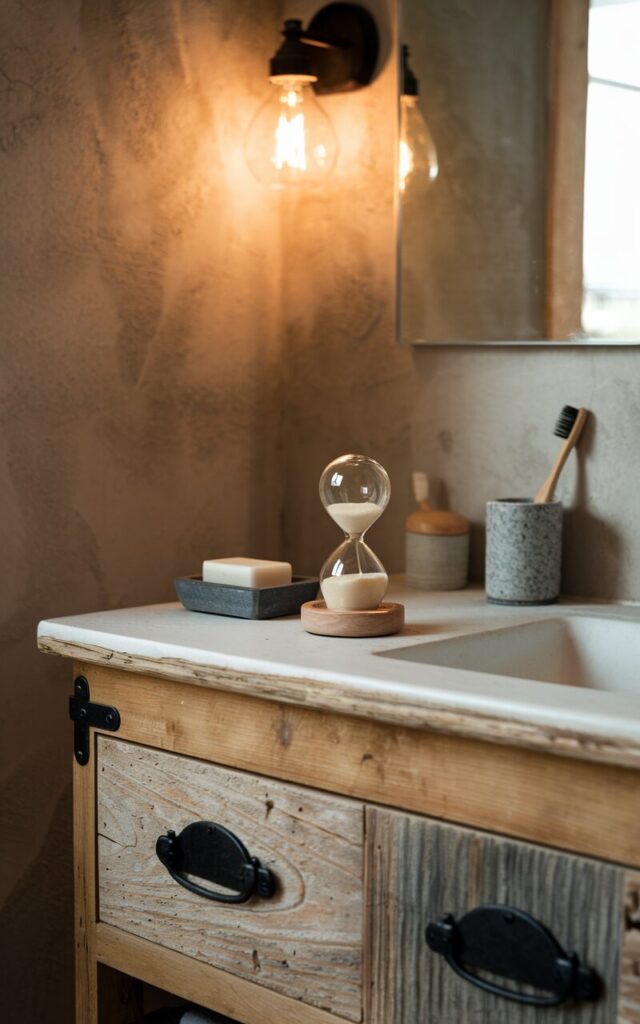 A photo of a modern rustic bathroom with a warm glow from a nearby sconce. The vanity, a reclaimed wood piece with black hardware, anchors the look with texture and charm. On the countertop, a small, elegant sand timer sits beside everyday essentials, like a stone soap dish, wooden brush, and ceramic toothbrush holder. The timer's clean glass and natural wood base fit perfectly into the warm, pared-back vibe of the space.
