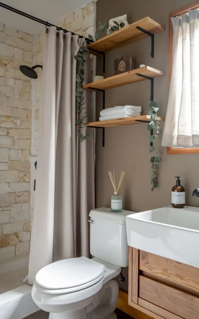 A photo of a rustic modern bathroom with clean lines and cozy warmth. The bathroom has a white toilet, sink, and shower. There is a warm wood shelving above the toilet, a soft linen curtain on the window, and a sprig of eucalyptus nearby. A bergamot reed diffuser is perched neatly on the toilet tank. The walls are clad in natural stone or painted a soft taupe.