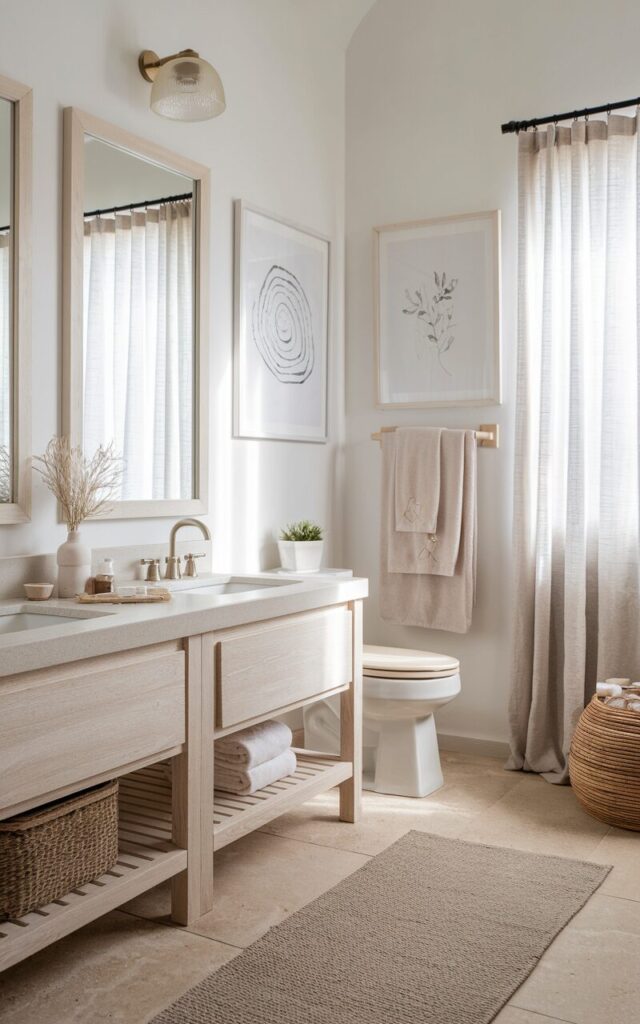 A photo of a Scandi-coastal spa-like bathroom with a calm and clean design. The bathroom has a double vanity with sinks, framed mirrors, a toilet, and a separate area for a tub. There are two framed minimalist spa-themed artworks above the towel rack. The artworks are abstract water ripples, delicate line drawings, or soft botanical sketches. The frames are pale wood or whitewashed, echoing driftwood tones and keeping the look airy and natural. The bathroom has crisp white walls and sandy-toned tile flooring. Light streams in through linen café curtains. There is a woven rug and a seagrass basket in the bathroom.