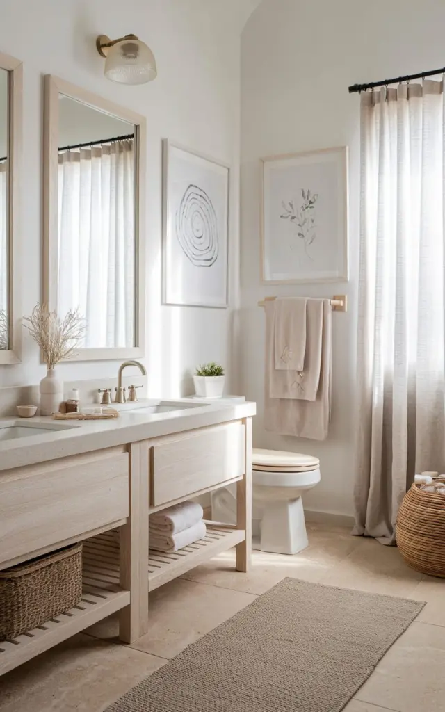 A photo of a Scandi-coastal spa-like bathroom with a calm and clean design. The bathroom has a double vanity with sinks, framed mirrors, a toilet, and a separate area for a tub. There are two framed minimalist spa-themed artworks above the towel rack. The artworks are abstract water ripples, delicate line drawings, or soft botanical sketches. The frames are pale wood or whitewashed, echoing driftwood tones and keeping the look airy and natural. The bathroom has crisp white walls and sandy-toned tile flooring. Light streams in through linen café curtains. There is a woven rug and a seagrass basket in the bathroom.
