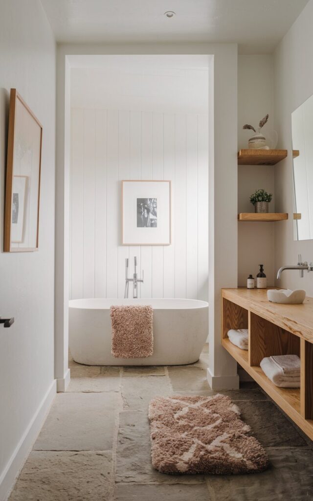 A photo of a Scandinavian-style bathroom with clean lines and natural wood accents. There is a minimalist freestanding tub with a plush, high-pile cotton bath rug in a calming neutral tone placed in front of it. The floor is made of stone tiles. White walls and framed art are present, as well as a wooden floating shelf with open shelves. A cozy texture is added with the bath rug, towel, and wooden floating shelf. The space is filled with soft, diffused daylight, highlighting the white walls and framed art, while the wooden floating shelf and cozy textures evoke warmth and hygge vibes.