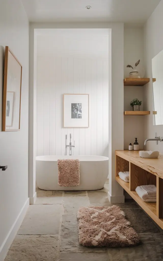 A photo of a Scandinavian-style bathroom with clean lines and natural wood accents. There is a minimalist freestanding tub with a plush, high-pile cotton bath rug in a calming neutral tone placed in front of it. The floor is made of stone tiles. White walls and framed art are present, as well as a wooden floating shelf with open shelves. A cozy texture is added with the bath rug, towel, and wooden floating shelf. The space is filled with soft, diffused daylight, highlighting the white walls and framed art, while the wooden floating shelf and cozy textures evoke warmth and hygge vibes.