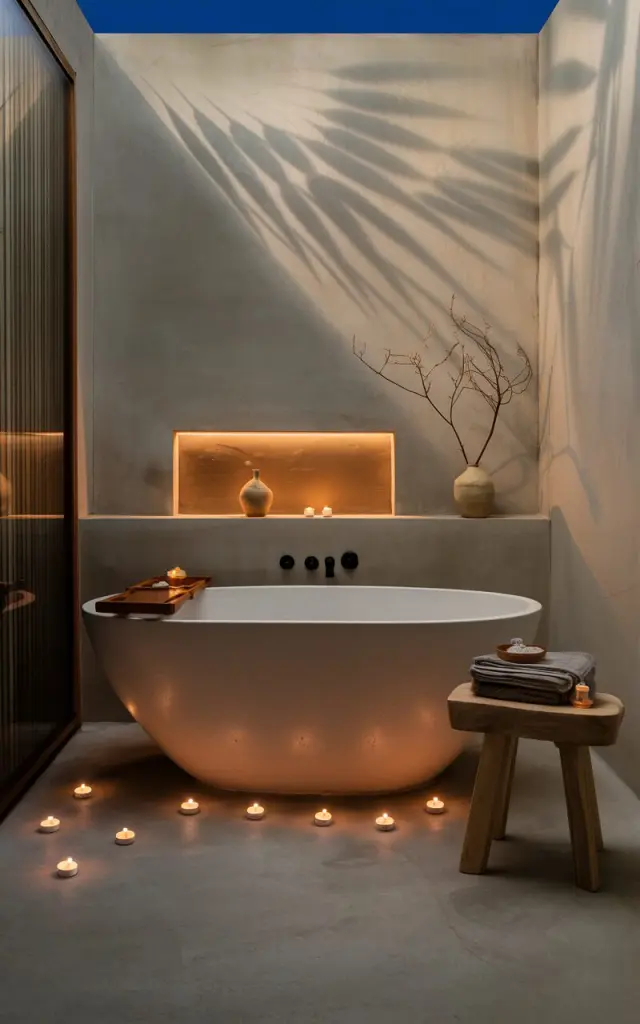 A photo of a modern Japandi bathroom with a freestanding soaking tub in the nighttime. The tub is surrounded by 4-5 small tea lights on the floor. The soft flicker of the tea lights dances across the matte stone surfaces and pale wooden accents, casting shadows that feel almost meditative. The minimal design—clean lines, neutral tones, and organic textures—amplifies the warm glow in the quietest, most elegant way. A wooden bath stool nearby holds folded towels and a tiny bowl of bath salts, while a recessed shelf displays just a single ceramic vase with a dried branch. The whole space feels still, intentional, and deeply peaceful—perfect for a soak that melts the day away.