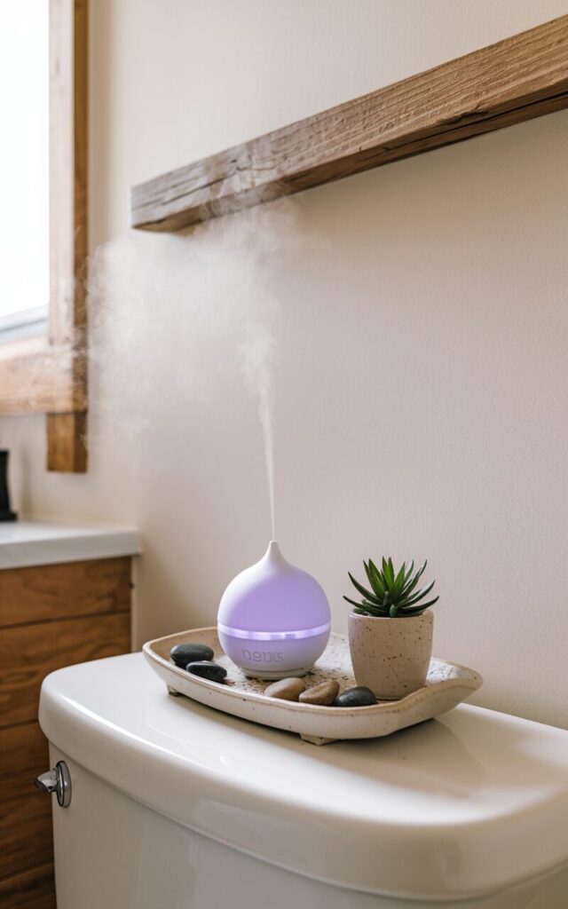 A photo of a spa-like bathroom with a clean and serene design. The walls are soft white, and there are natural wood accents. The decor is minimal. On top of the toilet tank, there's a small ceramic tray that holds an essential oil diffuser emitting gentle lavender mist, a tiny potted plant, and a few smooth river stones. The subtle scent fills the space, creating a calm, grounded atmosphere perfect for unwinding.