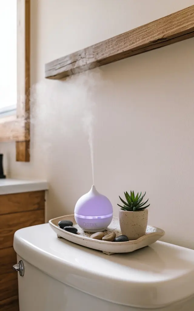 A photo of a spa-like bathroom with a clean and serene design. The walls are soft white, and there are natural wood accents. The decor is minimal. On top of the toilet tank, there's a small ceramic tray that holds an essential oil diffuser emitting gentle lavender mist, a tiny potted plant, and a few smooth river stones. The subtle scent fills the space, creating a calm, grounded atmosphere perfect for unwinding.