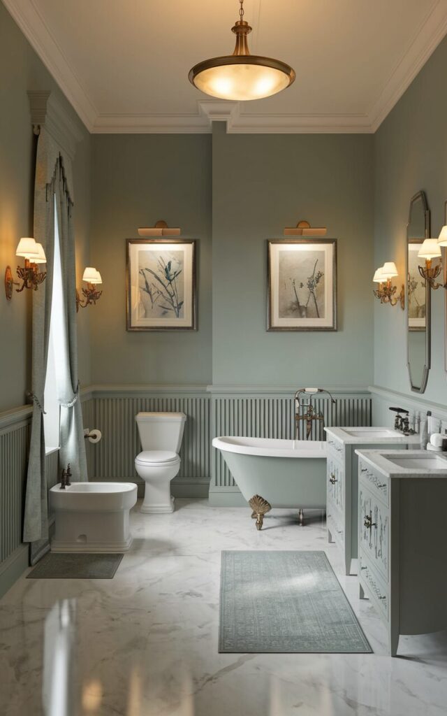A serene spa-like bathroom with a regal style. The walls are painted in a soft sage green, and there is wainscoting along the lower portion. Two small framed art pieces, possibly botanical illustrations or muted landscapes, hang above the freestanding tub and near the vanity. The room has marble floors, vintage sconces with light on, and a chandelier with warm light on overhead. There is a double vanity with mirrors, a toilet, a curtained window, and a floor rug.