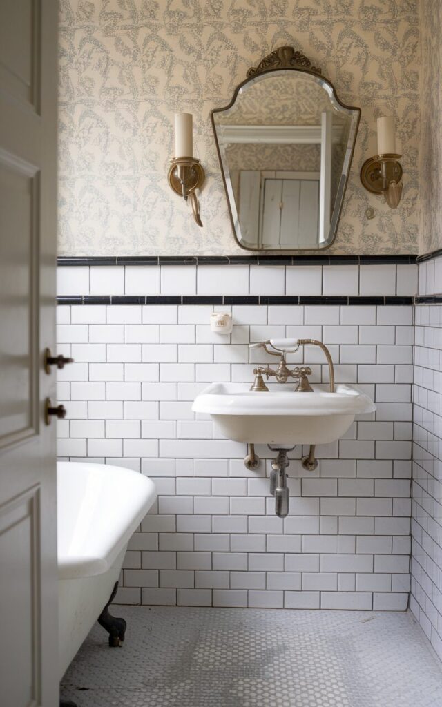 A photo of the upper half of a vintage full bathroom featuring classic white subway tiles accented with bold black grout, creating a striking graphic, high-contrast look. The tiles wrap halfway up the walls, topped with a decorative chair rail molding painted in matte black. Above the tile, soft pastel wallpaper with subtle vintage patterns adds warmth and charm. Antique brass fixtures, a vintage-style mirror with ornate detailing, and a clawfoot tub partially visible below complete the nostalgic yet visually dynamic space. Soft natural light filters in, highlighting the contrast between crisp white tiles and dark grout lines.