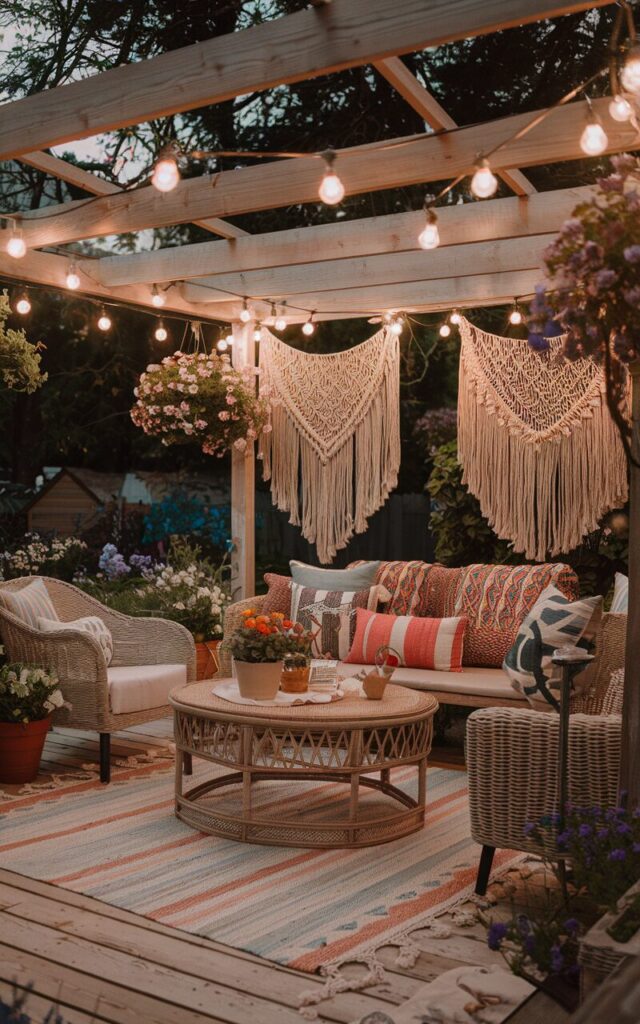 A photo of a boho-cottagecore backyard patio with an overhead string light casting a warm, magical glow. The space contains a mix of wicker and wooden furniture with colorful patterned cushions, macramé hangings, and potted wildflowers. The natural wood decking is softened by layered outdoor rugs. The atmosphere is dreamy and whimsical, perfect for cozy gatherings at dusk.