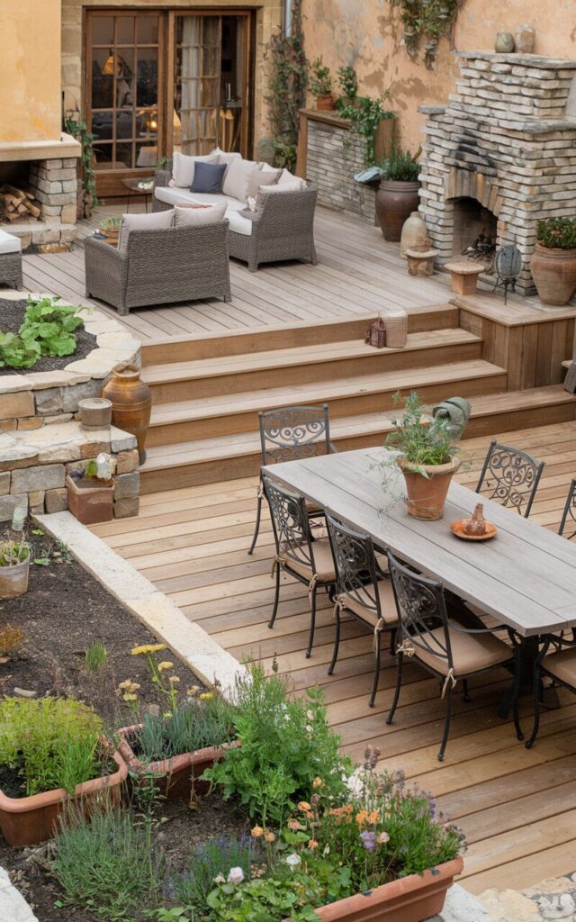 A photo of a European rustic backyard patio with a multi-level wooden deck. There are distinct zones: a cozy lounge area with plush sofas and a stone fireplace, a dining space with a large wooden table and wrought-iron chairs, and a mini garden filled with herbs and flowers in terracotta pots. Natural stone accents and warm, earthy tones complete the fully furnished, charming outdoor retreat.