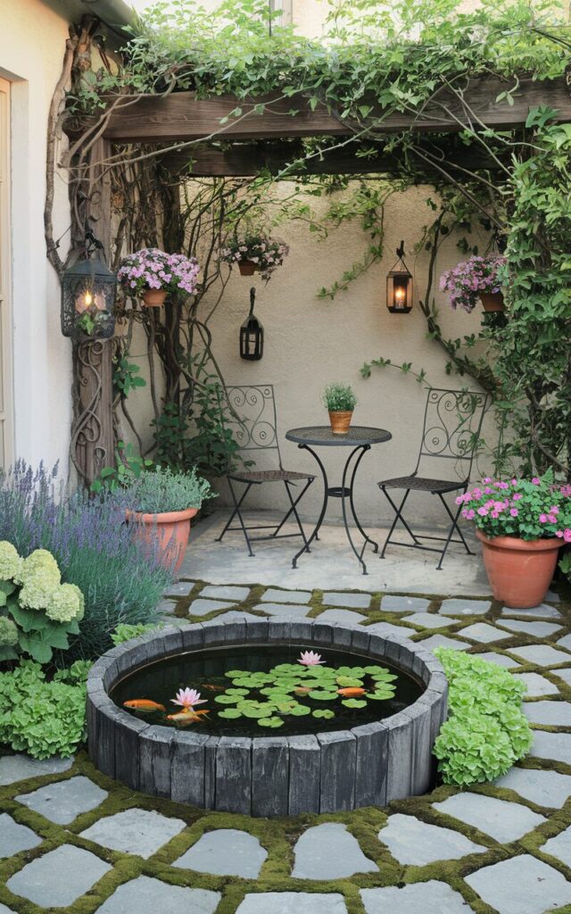 A photo of a European-style fully furnished backyard with timeless charm and lush greenery. At the center of a cobblestone garden nook, a weathered oak whiskey barrel is partially buried into the ground, transformed into a mini pond with water lilies floating on the surface and a few goldfish darting below. The pond is bordered with moss-covered stones and surrounded by lavender, hydrangeas, and creeping thyme. Nearby, wrought-iron café chairs with a small round table sit under the dappled shade of a grapevine-covered pergola. Ornamental lanterns hang from hooks, and terracotta pots with geraniums add bursts of color, creating a cozy, storybook garden atmosphere. The area is attached to a house.