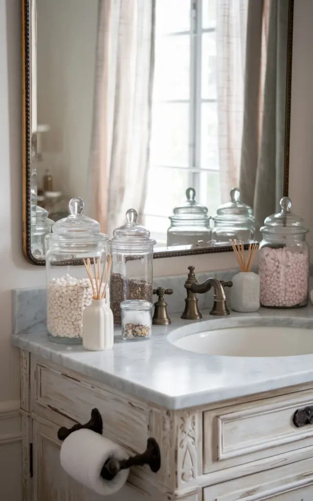A photo of a French country bathroom with a whitewashed wood vanity and a marble countertop. The vanity has antique brass fixtures and is adorned with decorative jars holding q-tips, bath salts, and other small essentials. There's a large ornate mirror above the vanity. Soft natural light streams through a window with light linen curtains, highlighting the jars' elegant glass and ceramic textures. The overall scene blends charming rustic elements with refined French elegance, creating a warm, inviting, and organized small bathroom.