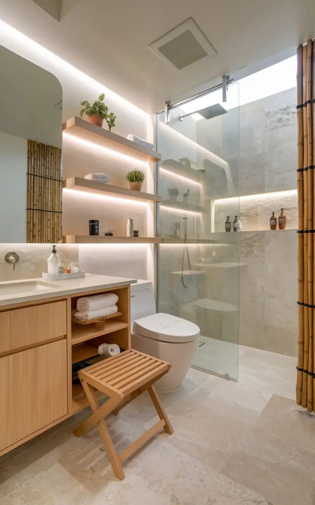 A photo of a Japandi + Balinese full bathroom with a foldable stool tucked neatly between the vanity and toilet. The bathroom combines clean Scandinavian lines with natural Balinese textures, including light wood cabinetry, stone flooring, and bamboo accents. The stool is made of slatted wood with a minimalist design, blending seamlessly with the surroundings. The bathroom has a shower area with a rainfall showerhead, recessed shelves, and a sliding door. Soft ambient lighting highlights floating shelves with potted greenery and neatly arranged toiletries, creating a serene, functional, and spa-like atmosphere in the compact space.