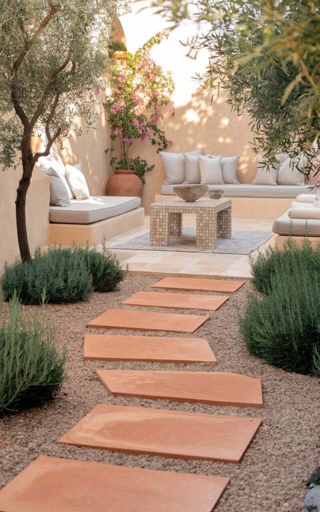 A photo of a Mediterranean-inspired chic backyard with smooth terracotta stepping stones leading gracefully toward a stylish seating area. The stones are set into a bed of fine gravel, bordered by low olive trees and fragrant rosemary bushes. The seating area features sleek white cushions, a mosaic-tiled coffee table, and a floor area rug. Sunlight casts warm golden hues over textured walls and a terracotta pot with bougainvillea. The natural light is soft.