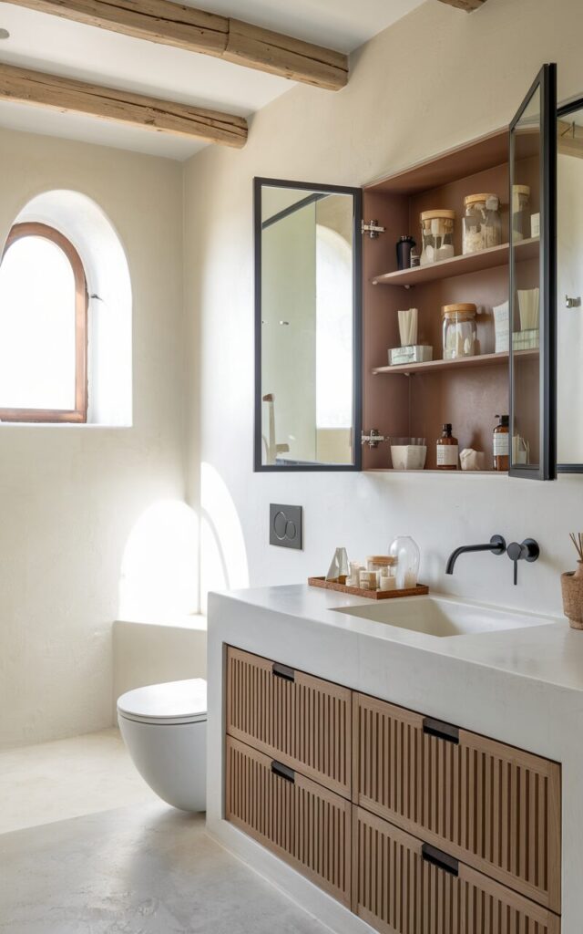 A photo of a Mediterranean modern bathroom with a recessed medicine cabinet above a sleek vanity. The cabinet doors open to reveal organized toiletries, glass jars, and daily essentials. The bathroom has white and terracotta tiles, smooth stucco walls, and matte black fixtures with natural wood accents. There is a toilet and a shower area. Sunlight streams through a small arched window, illuminating the space and highlighting the functional elegance and airy feel of this fully furnished bathroom.