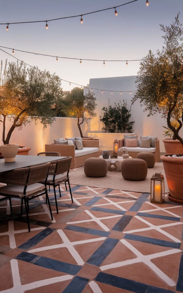 A photo of a modern Mediterranean backyard patio. The floor is a bold geometric pattern in earthy terracotta, white, and deep blue tones. The space is fully furnished with essentials, including a stylish outdoor dining set with cushioned chairs, a cozy lounge area with wicker sofas and low tables, and potted olive trees for a natural touch. Warm ambient lighting hangs overhead, casting a soft glow across the patterned floor. Textured rugs, ceramic planters, and lanterns add layers of charm. The bold design anchors the patio, creating a vibrant yet elegant atmosphere for gatherings.