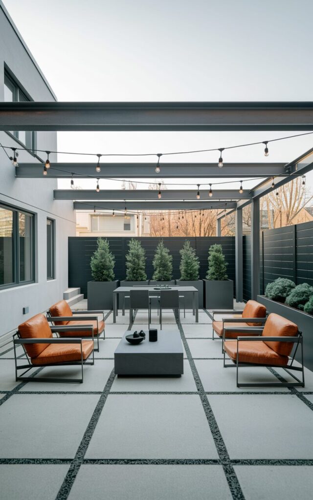 A modern industrial backyard patio with clean, geometric lines and smooth concrete slab flooring. The space is fully furnished with a mix of raw metal and reclaimed wood pieces, including a low rectangular coffee table, structured lounge chairs with leather cushions, and a streamlined dining set. Exposed steel beams frame the area, paired with potted greenery in matte black planters for a touch of softness. Subtle Edison bulb string lights hang overhead, casting a warm amber glow that contrasts beautifully with the cool concrete tones. The overall look is bold, minimalist, and effortlessly urban.