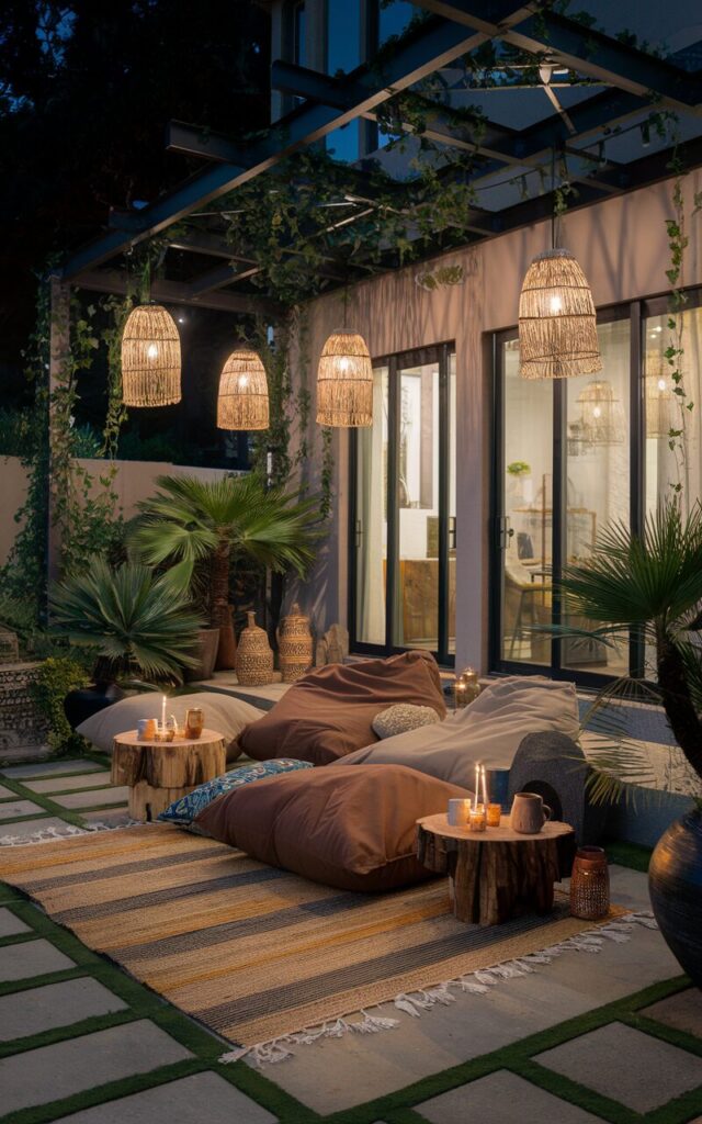 A nighttime photo of a modern Boho backyard patio attached to a house. The patio features a lounge zone with oversized bean bags in earthy tones, placed atop a layered jute and patterned rug. Low wooden side tables hold candles and ceramic mugs. Woven lanterns hang overhead, casting a soft glow. The space is surrounded by greenery, potted palms, and trailing plants. A mix of modern metal accents and vintage wooden decor pieces are scattered around the patio. The background reveals a house with sliding glass doors.
