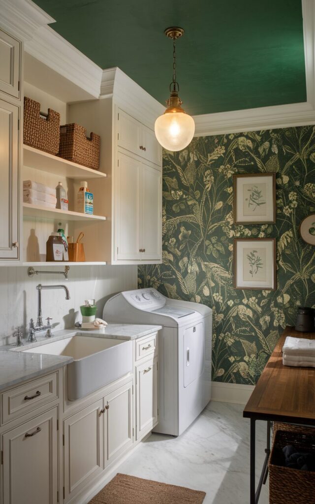 A photo of a traditional laundry room with classic white paneled cabinetry, marble countertops, and a rich emerald green ceiling. There is a vintage-inspired pendant light hanging from the center, casting a warm, inviting glow. The room contains a washer and dryer, a farmhouse sink, polished nickel faucets, open shelves with washing essentials, and a wooden folding table. The wall has elegant floral wallpaper, and the room also contains woven baskets and framed botanical prints. The only light source is the pendant light.