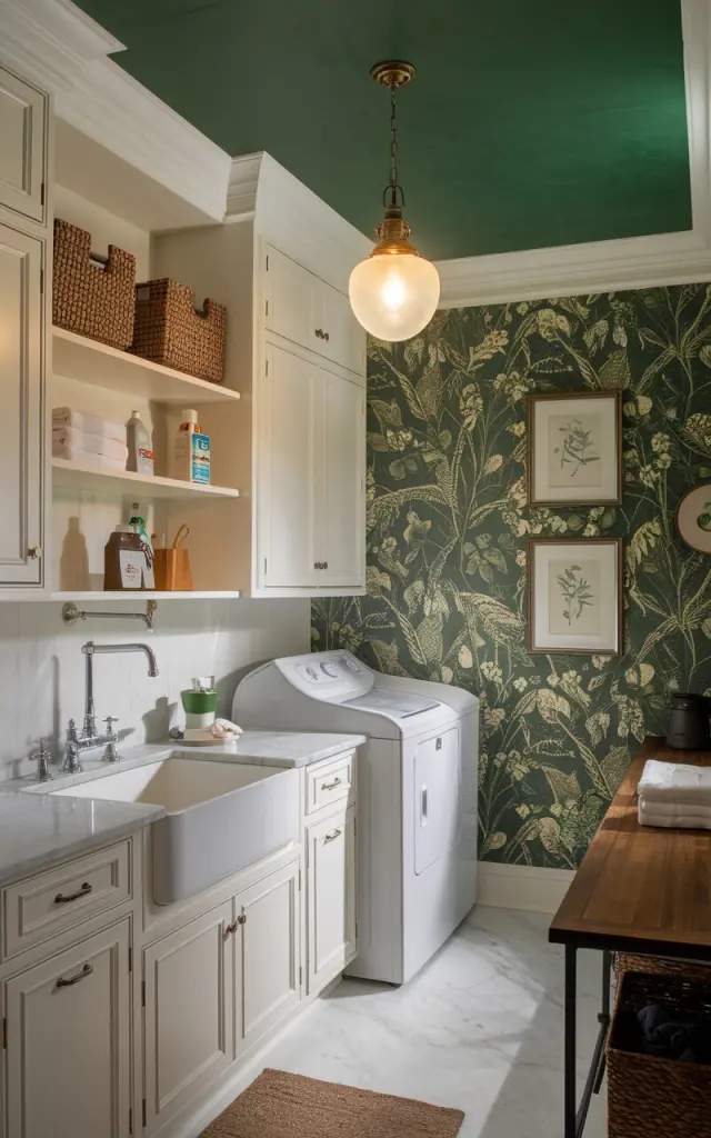 A photo of a traditional laundry room with classic white paneled cabinetry, marble countertops, and a rich emerald green ceiling. There is a vintage-inspired pendant light hanging from the center, casting a warm, inviting glow. The room contains a washer and dryer, a farmhouse sink, polished nickel faucets, open shelves with washing essentials, and a wooden folding table. The wall has elegant floral wallpaper, and the room also contains woven baskets and framed botanical prints. The only light source is the pendant light.
