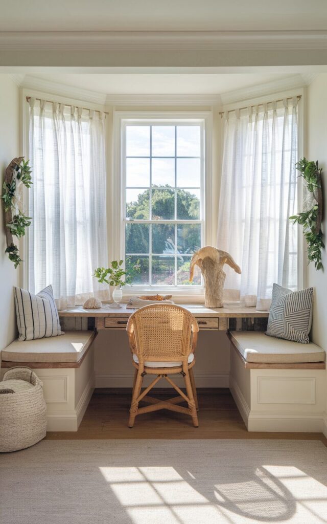 A photo of a home office situated in a sun-drenched bay window. The office features a reclaimed wood desk that stretches across the window nook, with cushioned window seats on either side. The desk is accompanied by a rattan chair, seashell-inspired decor, and a driftwood lamp. The walls are adorned with greenery. The room has a breezy ambiance, with sheer white curtains gently fluttering in the breeze.