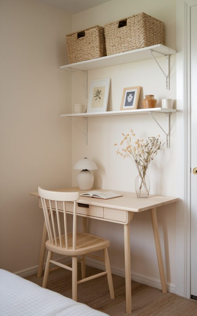A photo of a Scandi + farmhouse bedroom with a soft white and oat-colored palette. In one corner, a compact wooden desk with clean lines is tucked neatly against the wall, creating a calm, functional mini workspace. The desk features a whitewashed or natural pine finish with a spindle-back chair and a woven seat. A small ceramic lamp, an open notebook, and a vase with wildflowers or dried stems rest on top. Floating shelves above hold storage baskets and tiny framed prints. The corner feels intentional — simple, rustic, and peaceful, perfect for journaling or laptop time.