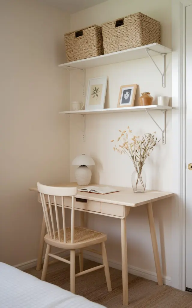 A photo of a Scandi + farmhouse bedroom with a soft white and oat-colored palette. In one corner, a compact wooden desk with clean lines is tucked neatly against the wall, creating a calm, functional mini workspace. The desk features a whitewashed or natural pine finish with a spindle-back chair and a woven seat. A small ceramic lamp, an open notebook, and a vase with wildflowers or dried stems rest on top. Floating shelves above hold storage baskets and tiny framed prints. The corner feels intentional — simple, rustic, and peaceful, perfect for journaling or laptop time.