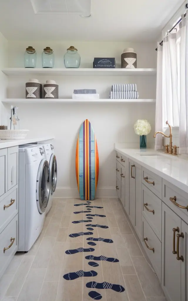 A photo of a bright and airy laundry room blending modern Americana charm with California coastal style. The floor features a whimsical stencil trail of tiny navy blue socks marching playfully across pale oak-look tiles. The room includes shaker-style cabinetry in soft ocean gray, a sleek white quartz countertop, and a side-by-side washer and dryer with brass hardware. Above, open white oak shelves display glass jars, vintage detergent boxes, and rolled-up striped towels. A surfboard print leans casually against the wall, while a coastal breeze flows through sheer cotton curtains.