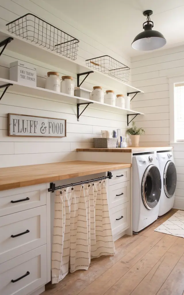A bright and functional modern farmhouse laundry room with white shiplap walls, black hardware, and butcher block countertops. Beneath a built-in wooden folding station, a hidden litter box area is cleverly concealed behind a small beige linen curtain with subtle ticking stripes. The curtain is gathered on a black tension rod, blending seamlessly with the farmhouse aesthetic. Above the station, open shelves hold wire baskets, mason jars, and labeled containers. A barn-style light fixture and wide-plank wood floors complete the warm, rustic-modern look. A nearby sign reads “Fluff & Fold” in distressed wood lettering. The laundry room has washer and dryer arranged side by side.