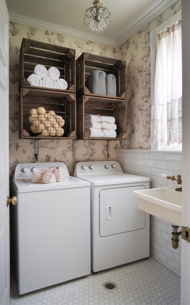 A charming vintage + chic laundry nook seamlessly connected to a classic bathroom. Weathered wooden crates are mounted on the wall in asymmetrical stacks, repurposed as open shelves. Inside the crates: neatly rolled white towels, a wire basket filled with wool dryer balls, and stacks of folded linen tied with twine. The walls feature soft floral wallpaper with muted tones, and a vintage-style sink with brass fixtures is visible nearby. Washer and dryer are placed side by side. White hexagon tiles line the floor, blending the bathroom and laundry areas. A small chandelier and lace curtains complete the elegant, timeworn look. Natural light is soft, ambient.
