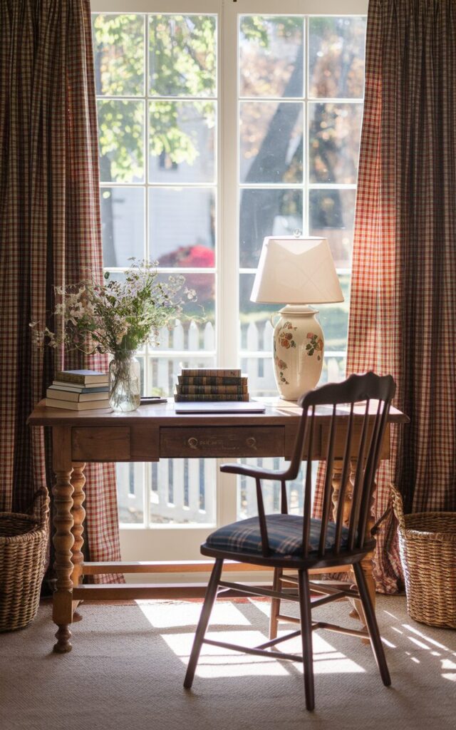A photo of a classic Americana-style living room home office setup. There is a sturdy oak desk placed beside a large window framed in gingham curtains. The sunlight spills across the desk, which holds a ceramic table lamp, a mason jar of fresh wildflowers, a laptop, and a stack of vintage books. The desk chair has spindle legs and a plaid cushion. The room has woven baskets and antique accents. Outside, glimpses of a picket fence and leafy trees can be seen.