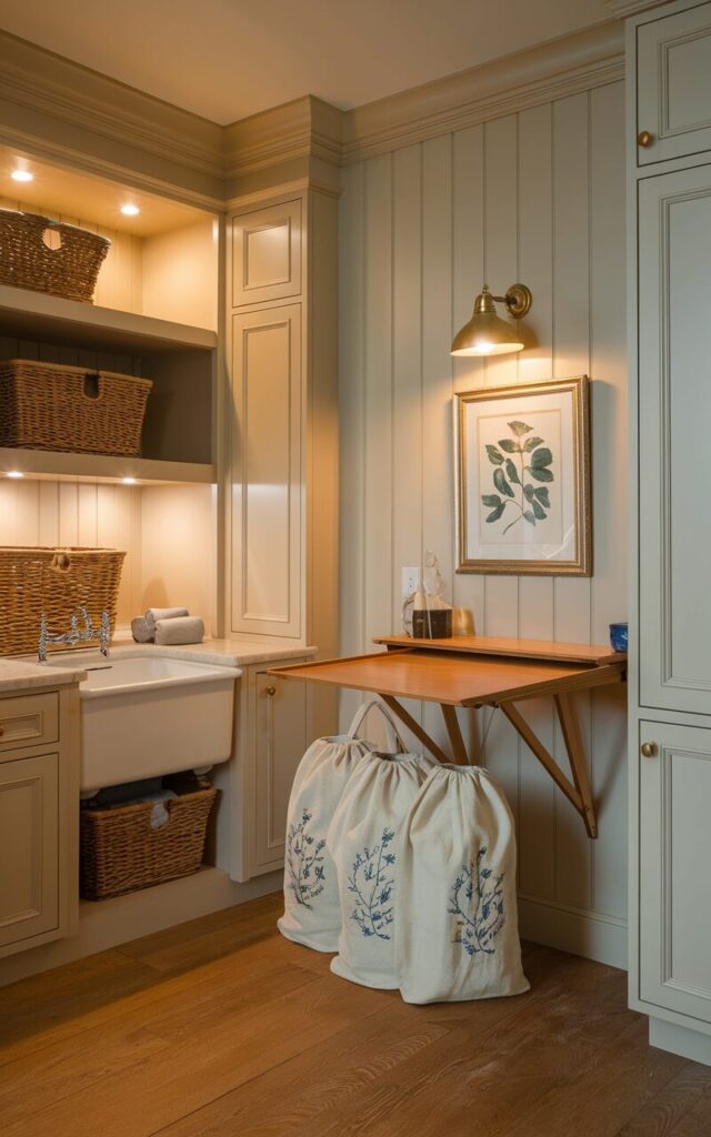 A photo of a classic traditional-style laundry room at night. The room has soft cream cabinetry, paneled walls, and warm oak flooring. A wooden flip-down folding table is neatly attached to the side wall, with a framed botanical print and a small warm light wall sconce above it. There are wicker baskets, a porcelain utility sink, and embroidered linen bags in the room. The open shelves have LED lights. The overall ambiance is elegant and timeless.