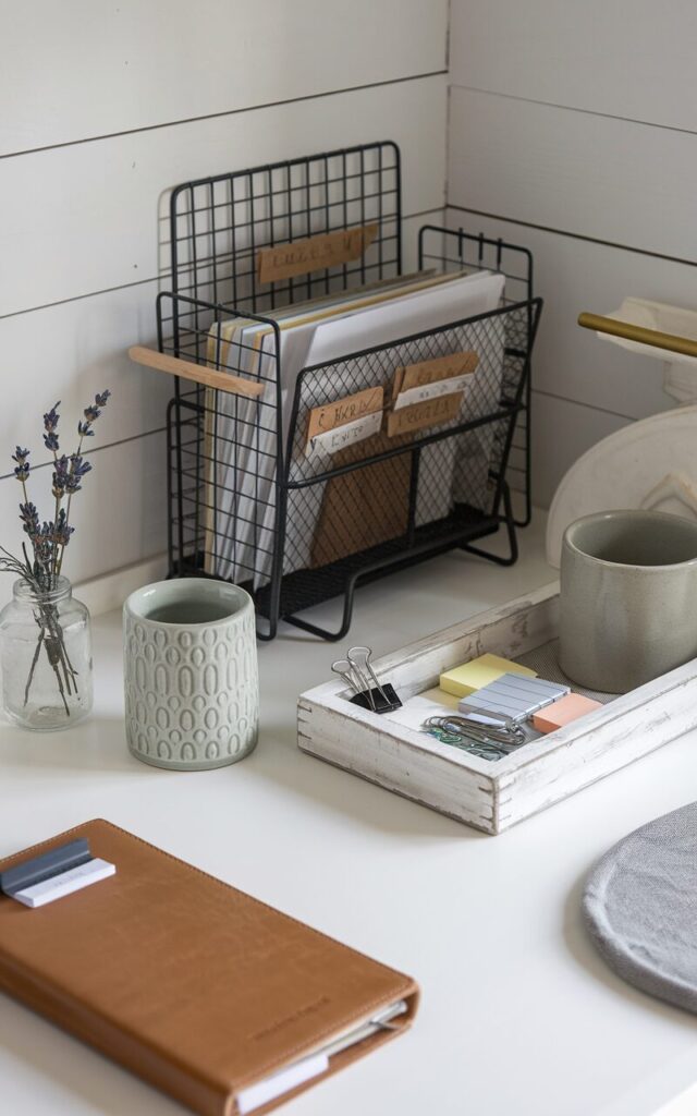 A photo of a modern farmhouse-style home office desktop. There is a patterned ceramic pen holder in soft sage green and a whitewashed wooden tray holding paper clips, sticky notes, and a leather-bound planner. A wire mesh file holder in matte black leans against the shiplap wall, storing neatly labeled folders. Subtle farmhouse accents like a tiny glass jar with dried lavender and a linen coaster under a coffee mug add warmth. The clean, tactile surfaces and simple color palette reflect modern utility with a touch of rustic comfort. Natural light is filtered.