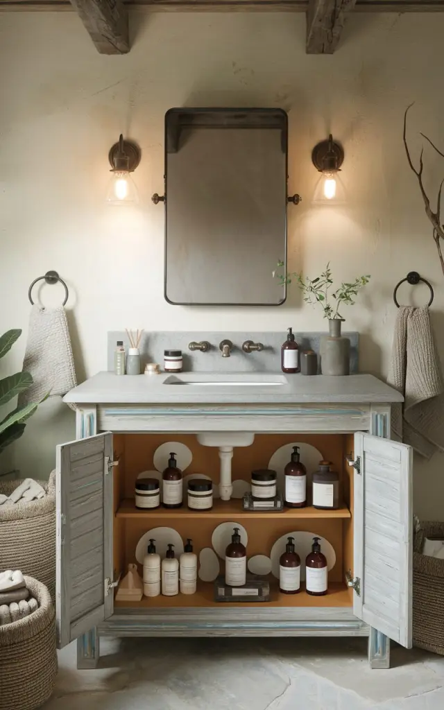 A photo of a rustic bathroom with a distressed wood vanity and a stone countertop. The cabinet doors under the sink are open, revealing adhesive shelves installed inside. The shelves are neatly stocked with soaps, lotions, and small toiletries in clear jars and labeled bottles. There is a mirror above the vanity with sconces light on. The room has soft, warm lighting. There are woven baskets, textured towels, and a potted plant nearby.