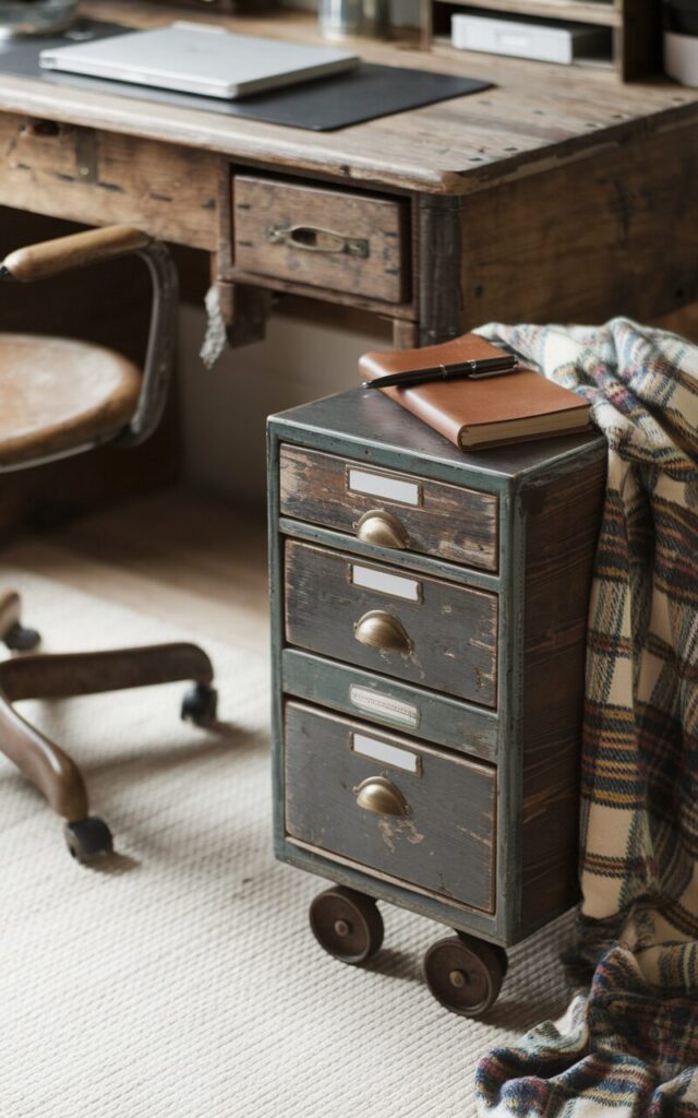 A photo of a vintage rustic home office corner with a rugged wooden desk and a charming small file cabinet with distressed wood panels, aged brass cup handles, and label holders on each drawer. The cabinet is rolled beside the desk and rests on industrial-style castor wheels. A soft plaid fabric drapes casually nearby, with a leather-bound planner and fountain pen resting on top. The worn textures, warm wood grain, and functional vintage design make this humble piece a statement of both style and substance in the workspace. The home office also has a vintage chair at desk height and a footrest.