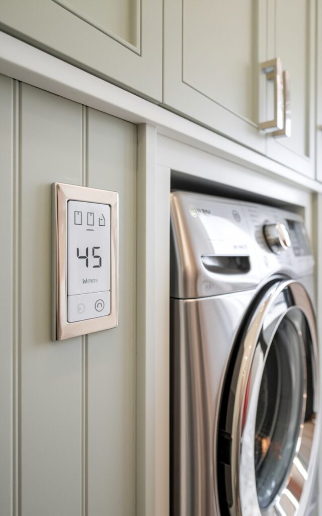 A close-up photo of a timer switch mounted on a wall near a sleek front-loading washer. The timer switch is set to 45 minutes and has a few other buttons nearby. The wall has pale gray paneled walls, white cabinetry, and brushed nickel hardware.