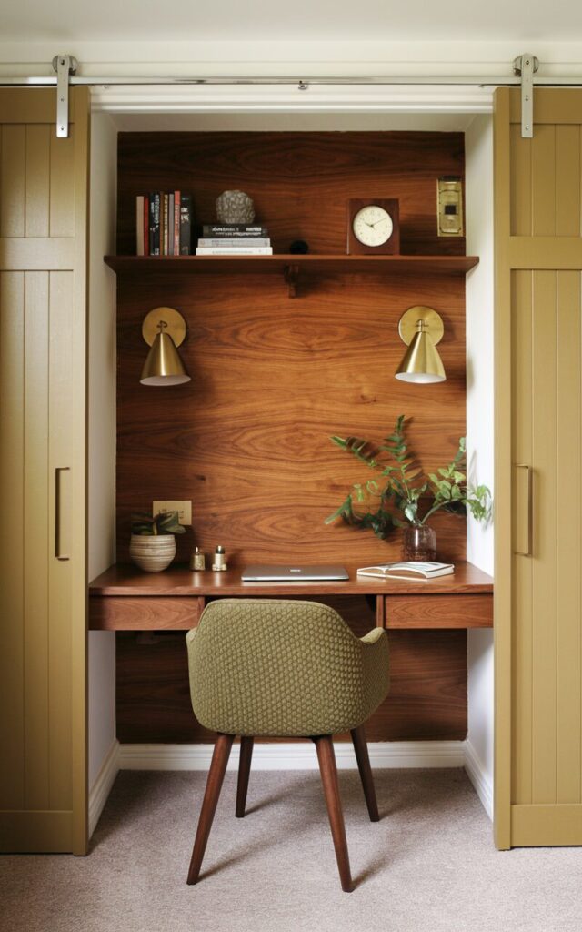 A photo of a compact mid-century modern "cloffice" tucked into a repurposed closet space. The back wall is paneled in warm walnut veneer, with a floating desk built in to match. A sleek chair with tapered wooden legs and a textured olive-green seat adds character. Brass sconces on each side cast a soft glow, while slim shelves above the desk hold a mix of books, a sculptural planter, and a vintage clock. Sliding doors painted in a muted mustard hue frame the scene, making the workspace feel intentional, stylish, and perfectly self-contained within its cozy footprint.