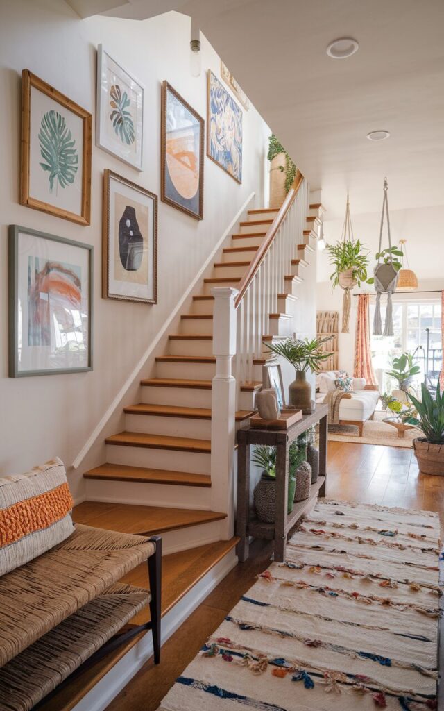 A photo of a cozy Boho-style house interior with a staircase leading to the living room. The wall along the stairs is a charming gallery wall adorned with 3-4 framed artworks of varying sizes and shapes, showcasing eclectic prints, botanical illustrations, and abstract designs. The staircase has warm wooden treads and a simple railing. The hallway below is fully furnished with functional pieces like a woven bench, a rustic console table, hanging plants, and colorful textiles that add texture and warmth. Soft natural light filters in, highlighting the vibrant, relaxed Boho vibe.