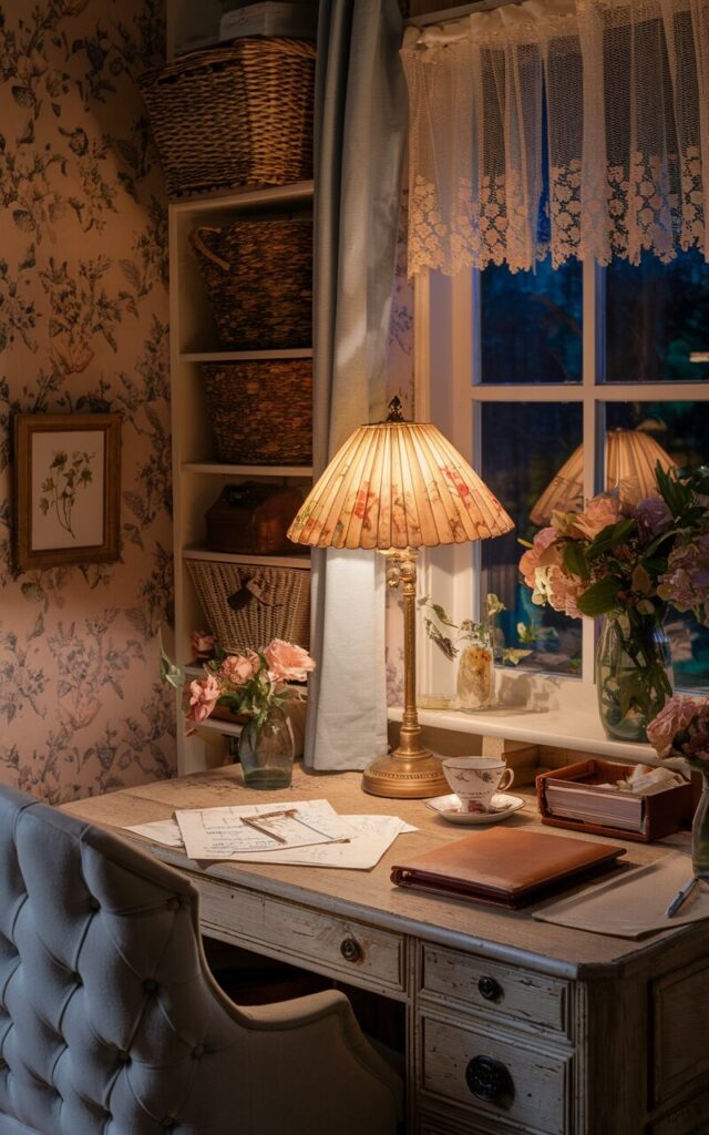 A photo of a cozy English countryside home office bathed in soft, golden light from a warm desk lamp with a pleated floral shade. The lamp rests on a weathered pine writing desk, casting a comforting glow over handwritten letters, a teacup, and a leather-bound planner. The space features floral wallpaper in faded tones, a lace-trimmed curtain fluttering at the window, and a vase of fresh garden blooms. Woven baskets, framed pressed flowers, and a tufted armchair at desk height enhance the timeless, storybook feel of this countryside retreat. Night time outside; only light is from the lamp, which is placed at the corner of the desk.