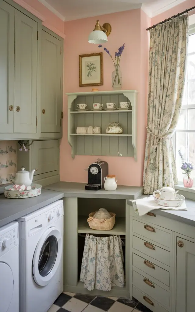 A cozy English countryside laundry room with soft sage green cabinetry, floral drapery, and vintage brass fixtures. Tucked into one corner is a charming coffee nook with a petite wooden shelf holding a classic kettle, a few porcelain teacups, and a tin of biscuits. A small vintage espresso machine sits on the countertop beside a floral tray with sugar cubes and a milk jug. Above, a framed botanical print and a sprig of lavender in a glass jar add a delicate touch. The room features washer and dryer, checkered flooring, aged stone counters, and warm light streaming through a cottage window.