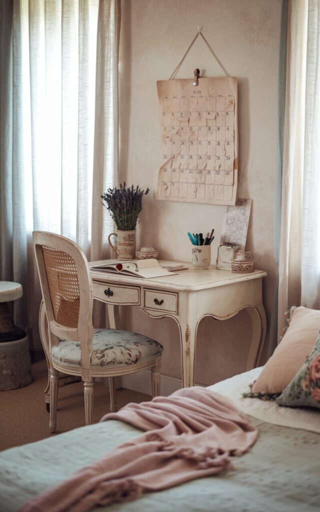 A photo of a cozy French country home office setup. There is a distressed wooden desk with curved legs and soft white paint, placed against a lightly textured wall. On the wall, a vintage-style wall calendar with tea-stained pages is hung using a bobby pin. The workspace includes a cane-back chair with a floral cushion, a ceramic mug filled with pens, and a vase of fresh lavender. Soft natural light streams in through linen curtains, highlighting a gentle color palette of ivory, soft blues, and dusty rose. The setup is inside a bedroom with a bed, pillow, and throws on it.