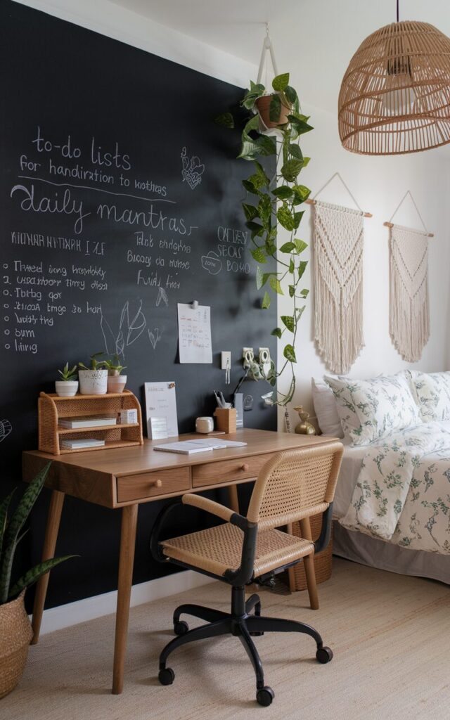 A photo of a cozy cottagecore + Balinese-inspired home office tucked into a bedroom corner. A matte black chalkboard wall is used for planning and inspiration, with handwritten to-do lists, daily mantras, and doodles in white chalk. A wooden desk with curved legs sits beneath, styled with a swivel armchair, rattan organizer, and ceramic cup. A bamboo pendant light casts a warm glow, while macramé wall hangings and trailing plants add texture. The bed in the background is dressed in floral linens. The space feels peaceful, personal, and thoughtfully organized.