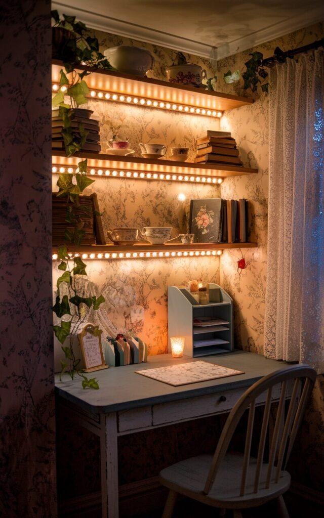 A cozy cottagecore home office tucked beside the dining area, glowing softly at night with warm LED strip lights installed under open wooden shelves. The ambient lighting highlights vintage teacups, a stack of old journals, and trailing ivy plants. Below, a small rustic desk holds a floral notepad, desk organisers, and a softly flickering candle. The only illumination comes from the strip lights, casting a golden halo across the workspace and creating a dreamy, storybook atmosphere. Floral wallpaper, lace curtains, and a spindle-back chair complete the romantic nighttime scene—inviting quiet focus, reflection, and a gentle sense of enchantment.