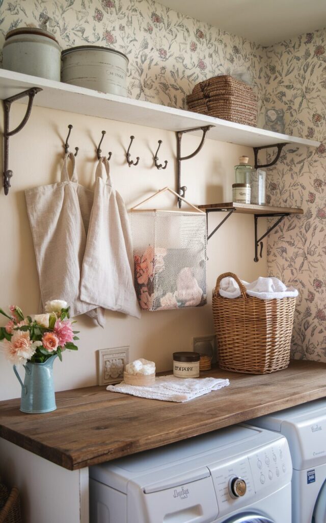 A cozy cottagecore laundry room filled with warm charm and everyday practicality. Above a vintage-style wooden counter, a whitewashed shelf stretches across the wall, supported by antique brass brackets. Underneath the shelf, three iron hooks hold soft linen cloth bags, a floral mesh organizer, and a handwoven wicker basket—each used for storing delicates, clothespins, or dryer balls. The room features floral wallpaper, open wooden shelves with apothecary jars, and a few fresh-cut flowers in a ceramic jug. A wicker laundry basket and vintage soap tins complete the scene, creating a whimsical, useful nook full of heart and handmade touches. The room also has a dryer and washer.