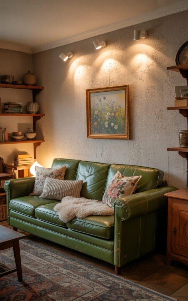 A photograph of a cozy cottagecore living room centered around a plush, rich green leather couch. The couch sits against neutral, popcorn-textured walls softly illuminated by discreet spotlights highlighting a framed painting of wildflowers.  Rustic wooden furniture, a patterned area rug, and shelves filled with books and vintage ceramics create a warm and inviting atmosphere, while muted floral and knitted throw pillows adorn the couch alongside a soft sheepskin throw. Gentle ambient lighting from a nearby table lamp casts a warm glow, highlighting the room’s classic charm and creating a serene, peaceful scene.