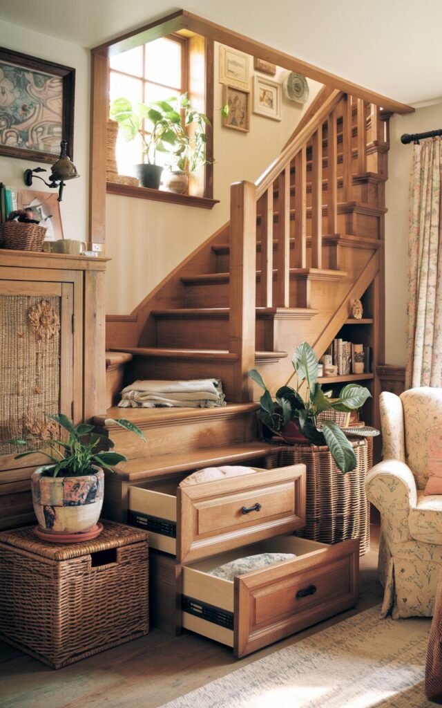 A cozy cottagecore-style living room with a staircase tucked into the corner. Each wooden step is cleverly carved into storage drawers. The stairs have a natural, slightly distressed wood finish. The room is filled with warm sunlight, potted plants, wicker baskets, and a comfy armchair. There's also a vintage-inspired decor with soft, floral textiles. The atmosphere is inviting and storybook-like, where rustic practicality meets whimsical style.