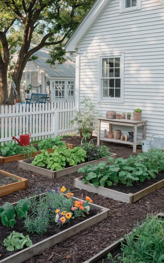 A photo of a cozy farmhouse backyard with neatly mulched garden beds surrounding a white clapboard house. The mulch-rich and dark mulch blankets the soil beneath rows of vegetables, herbs, and cottage-style flowers, keeping weeds at bay and moisture locked in. A white picket fence borders the space, with a weathered potting bench nearby holding tools and clay pots. Wooden raised beds, a vintage watering can, and a classic porch swing complete the charming, lived-in feel of the space. The scene is practical yet picturesque, perfect for relaxed country living.