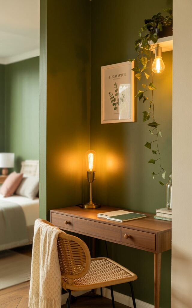 A photograph of a serene home office nook, distinguished by a deep olive green accent wall. A slender wooden desk with brass knobs sits flush against the wall, holding a vintage brass desk lamp with a warm-toned lampshade; a woven rattan chair with a cream-colored cotton throw is positioned nearby. A petite sconce with a vintage Edison bulb casts a soft glow above the desk, illuminating a framed botanical print featuring "Eucalyptus" and a trailing ivy plant cascading down the wall. The scene blends seamlessly with a glimpse of a softly blurred bedroom corner, creating a tranquil and inviting workspace.