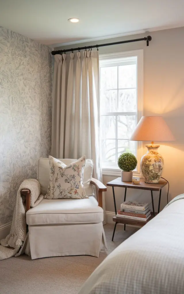 A cozy modern cottagecore bedroom with a soft, inviting reading nook tucked into a corner beside a curtained window. A wooden armchair upholstered in natural linen sits beside a small wooden side table topped with a vintage-inspired ceramic lamp casting warm, gentle light, a small potted plant, and stacks of well-loved books. Light, neutral walls with subtle floral wallpaper accents add to the peaceful, earthy vibe. Soft textiles like a knitted throw and floral cushions on the armchair. The bedroom also has a queen-size bed and a recessed ceiling with LED lights.